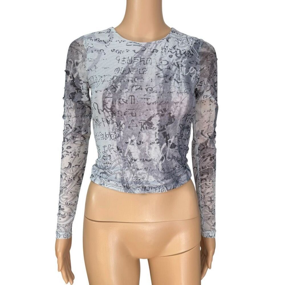 Tiger Mist long-sleeve mesh print stretch top cropped grey graphic design sz XS